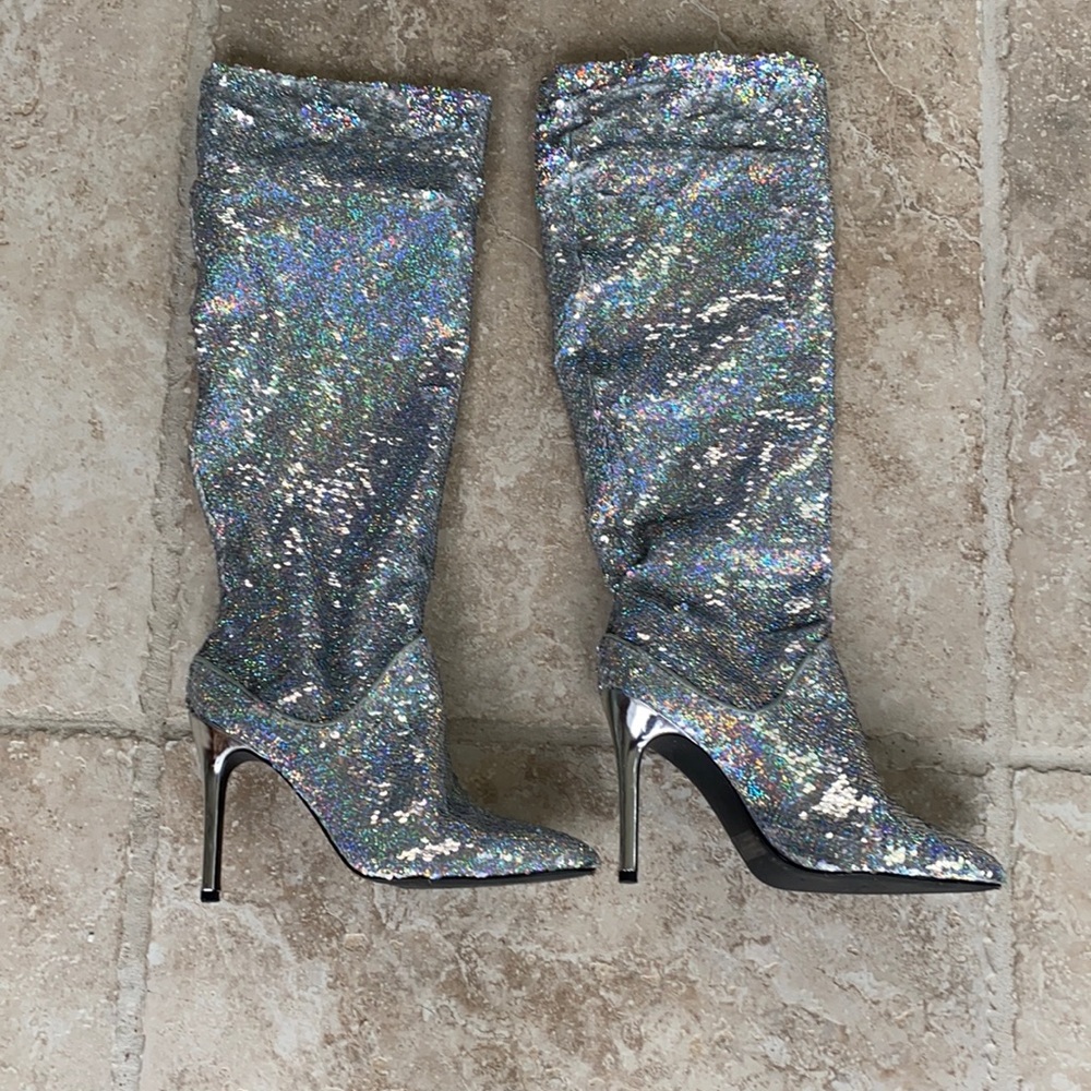 JANE AND THE SHOE Holographic Silver Glitter Knee-High Stiletto Boots
